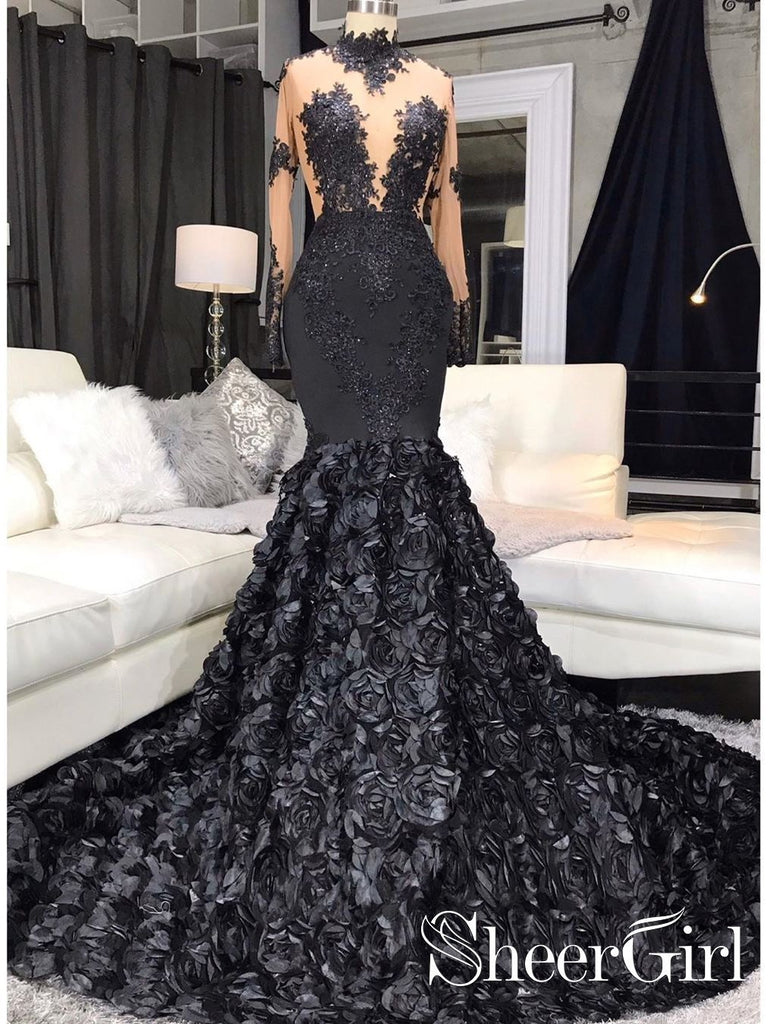 Long Sleeve Black Lace Mermaid Prom ...